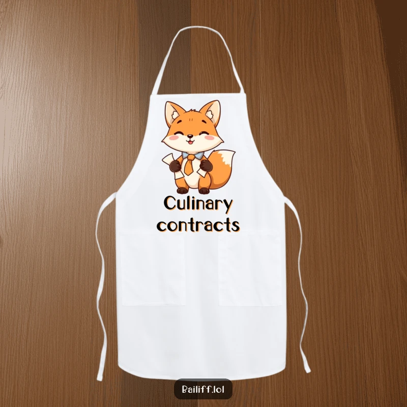 Funny apron showing a playful fox in a tie, securely holding a scroll of documents, bringing cleverness and humor to cooking.