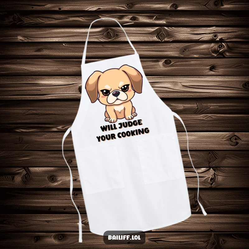 Funny stern dog apron featuring a bouncy, floppy-eared dog with a tiny, stern expression, perfect for kitchen duty.