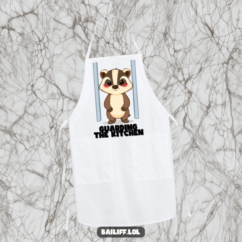 Funny apron showing a cheerful badger with a stern but kind face, standing guard by a door, bringing loyalty and humor to cooking.