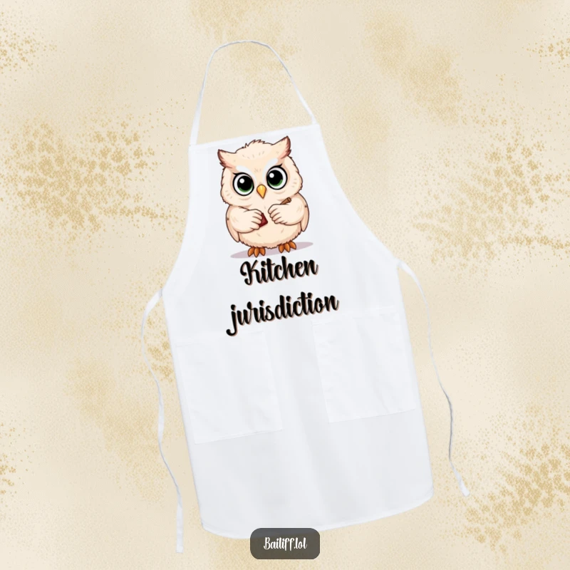 Funny apron showing a wise owl with large eyes, solemnly tapping a tiny gavel, bringing legal authority and humor to the kitchen.