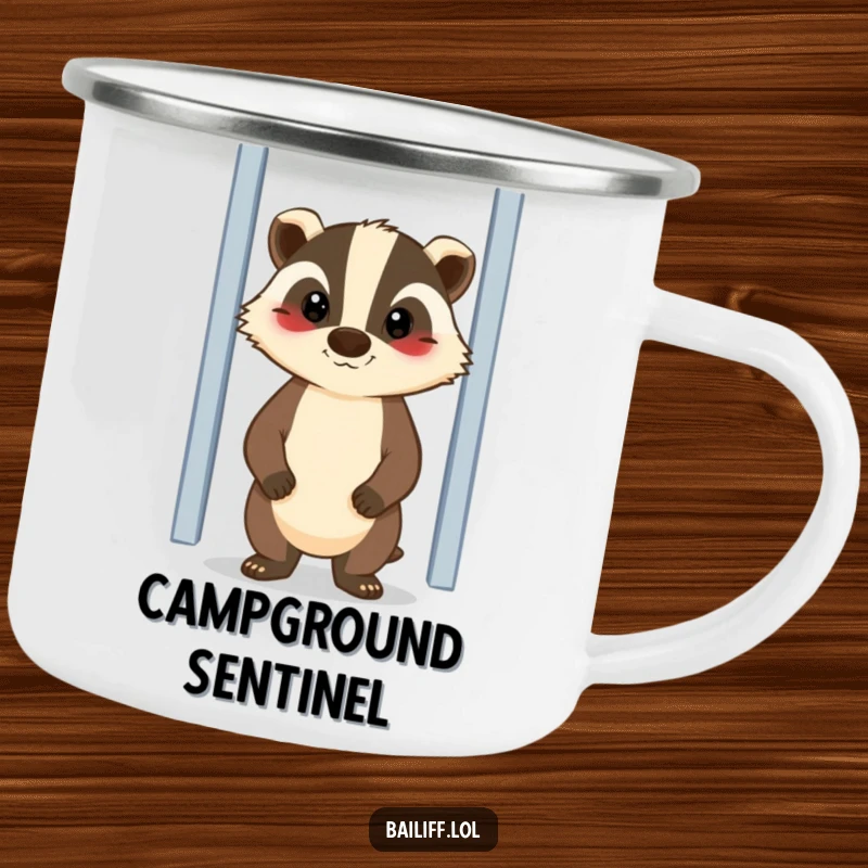 Funny camping mug showcasing a cheerful badger with a stern but kind face, standing guard by a door, perfect for outdoor protection and humor.
