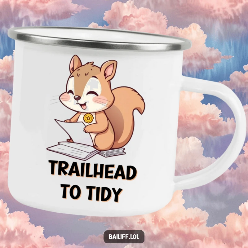Funny camping mug featuring a giggling squirrel wearing a tiny badge, enthusiastically organizing tiny papers, ready for outdoor adventures.