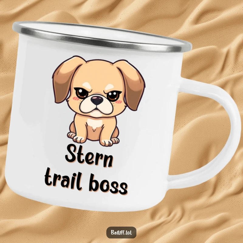 Funny stern dog camping mug featuring a bouncy, floppy-eared dog with a tiny, stern expression, ready for the outdoors.
