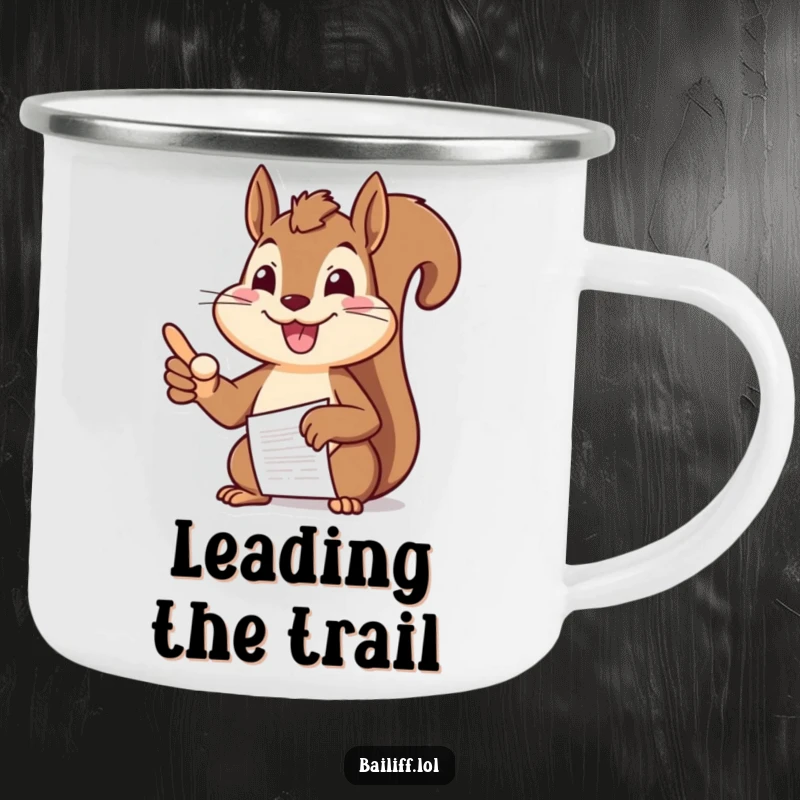 Funny squirrel camping mug featuring a cheerful squirrel boss pointing authoritatively at a document, ready for outdoor adventures.