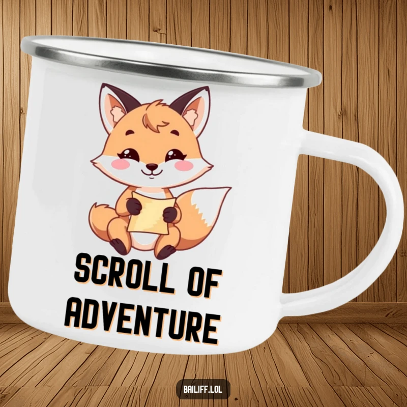 Funny fox camping mug featuring a playful fox with a resolute grin, holding a small scroll, ready for the outdoors.