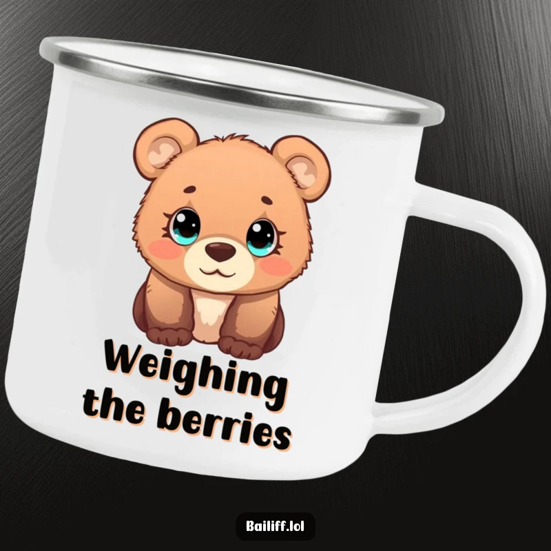 Funny bear cub camping mug featuring a curious cub with wide, simple eyes observing a tiny scale, ready for the outdoors.