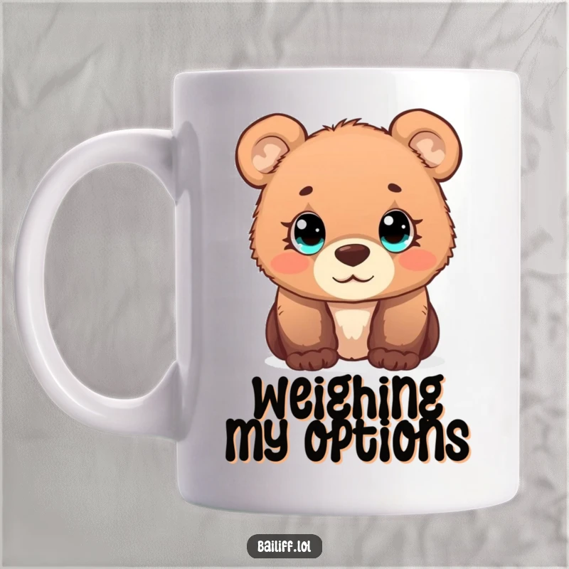 Funny bear cub mug featuring a curious cub with wide, simple eyes intently observing a tiny scale, symbolizing gentle inquiry.