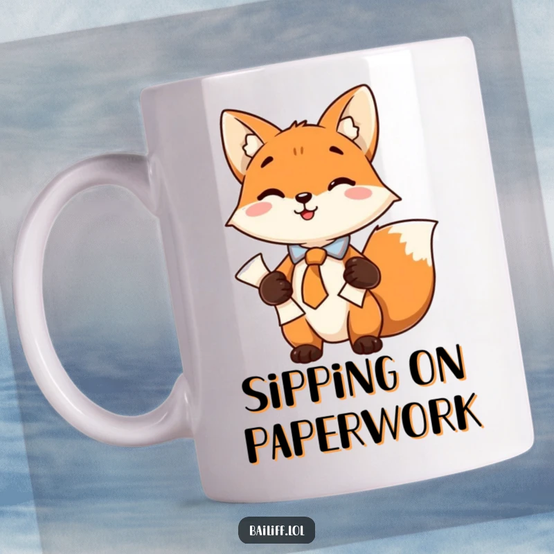 Funny mug featuring a playful fox in a neat tie, securely holding a scroll of documents, embodying cleverness and professionalism.