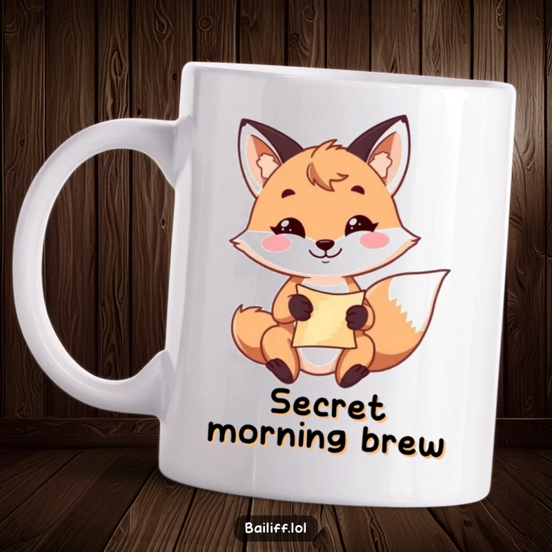 Funny fox mug featuring a playful fox with a resolute grin, holding a small scroll, suggesting cleverness and fun.