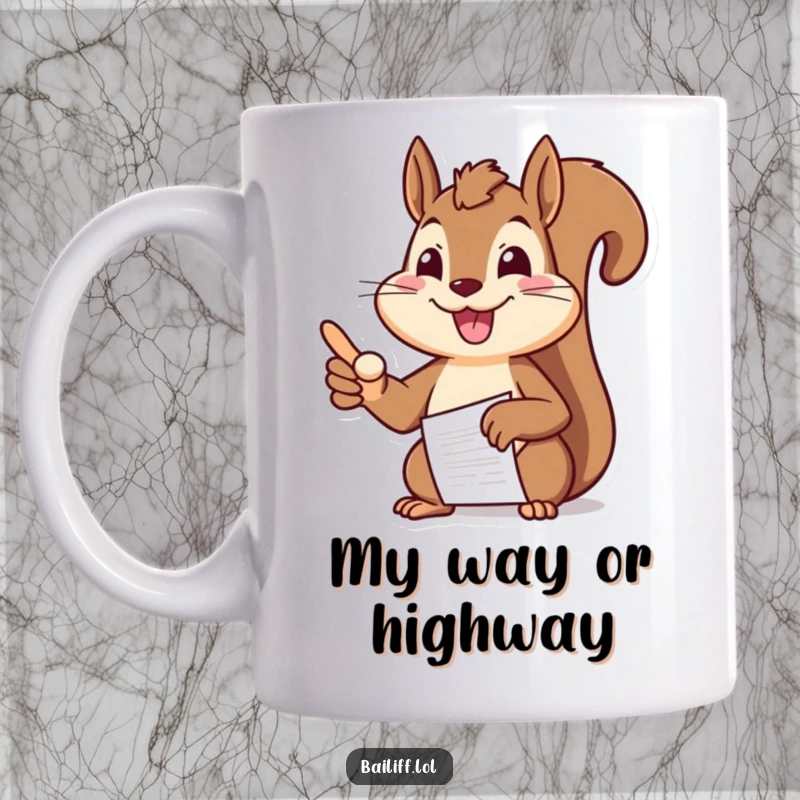 Funny squirrel mug featuring a cheerful, smiling squirrel in a suit pointing authoritatively at a document, exuding office boss vibes.