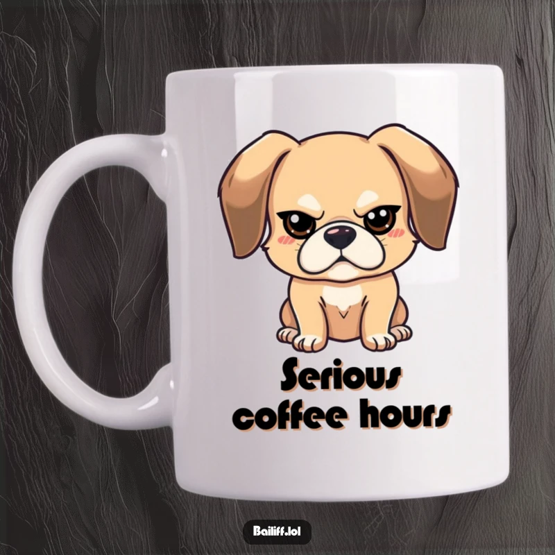 Funny stern dog mug with a bouncy, floppy-eared dog sporting a tiny, serious expression, bringing a smile to your face.