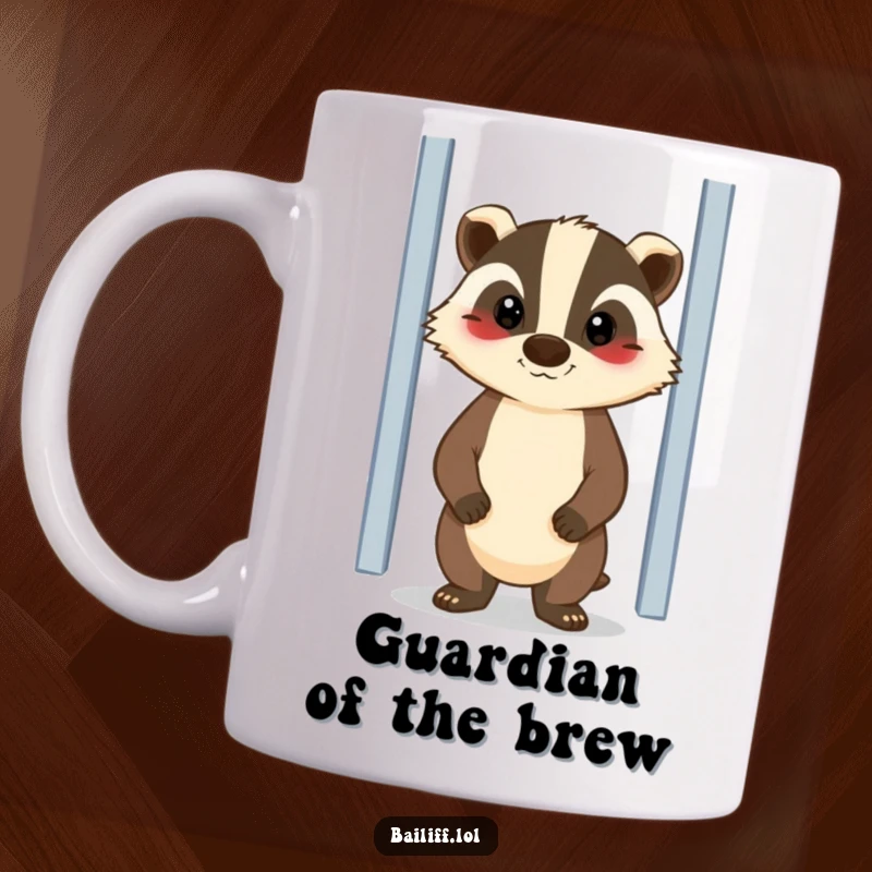 Funny mug featuring a cheerful badger with a stern yet kind face, standing guard by a door, a loyal and amusing protector.