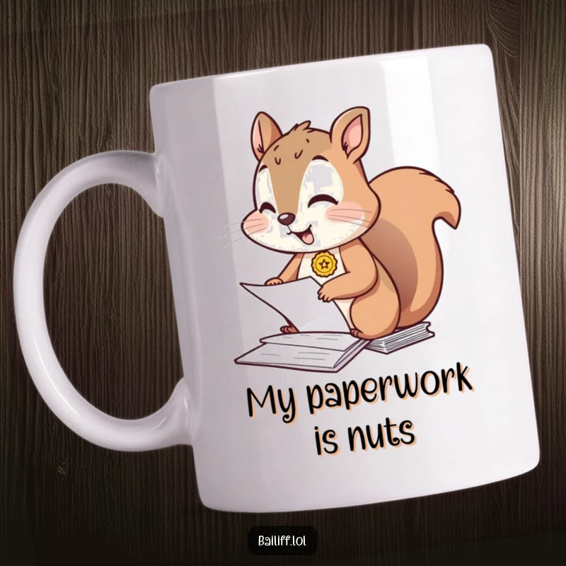 Funny mug featuring a giggling squirrel wearing a tiny badge, meticulously organizing a stack of papers with a determined yet cheerful expression.