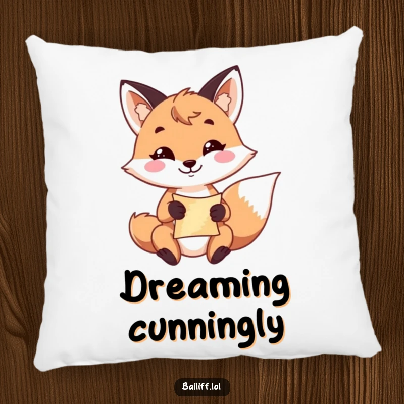 Funny fox pillow with a playful fox and a resolute grin, holding a small scroll, offering cozy comfort.