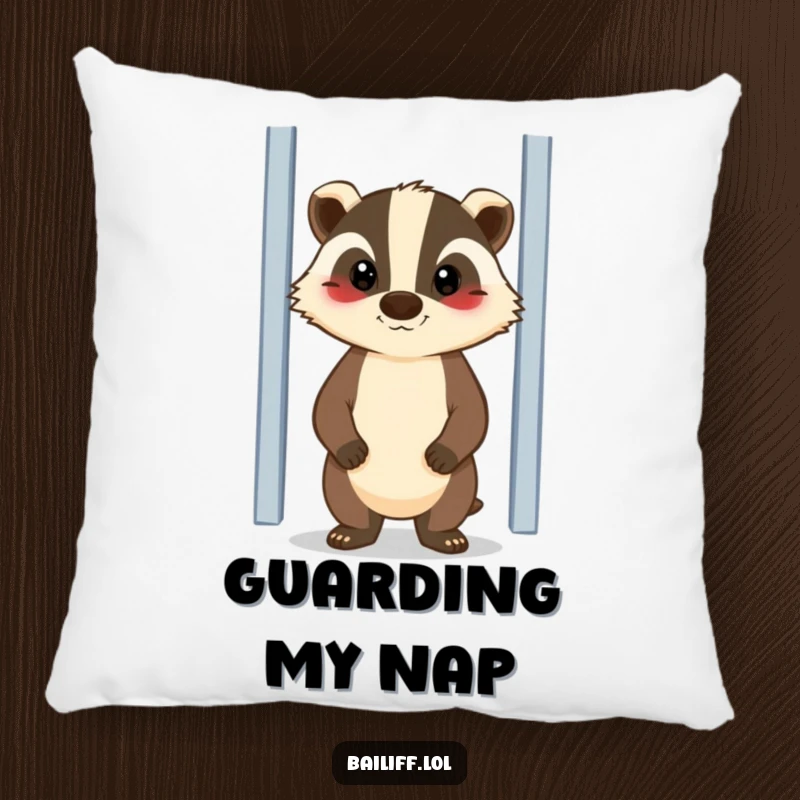 Funny pillow featuring a cheerful badger with a stern yet kind expression, standing guard by a door, offering comfort and protection.