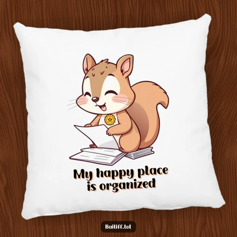 Funny pillow featuring a giggling squirrel wearing a badge, expertly organizing papers, adding a touch of playful office humor to home decor.