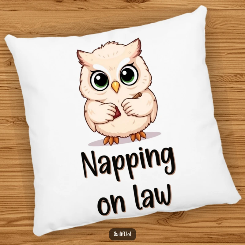 Funny pillow featuring a cute, fluffy owl with big eyes, solemnly tapping a gavel, offering comfort and a dose of legal humor.