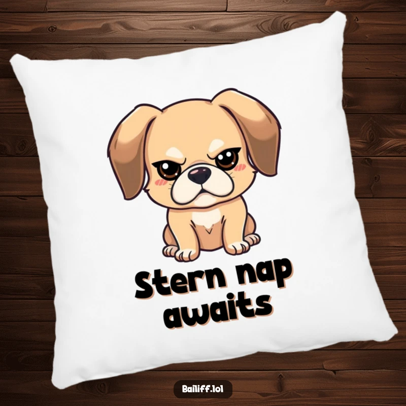 Funny stern dog pillow featuring a bouncy, floppy-eared dog with a tiny, stern expression, offering comfort and humor.