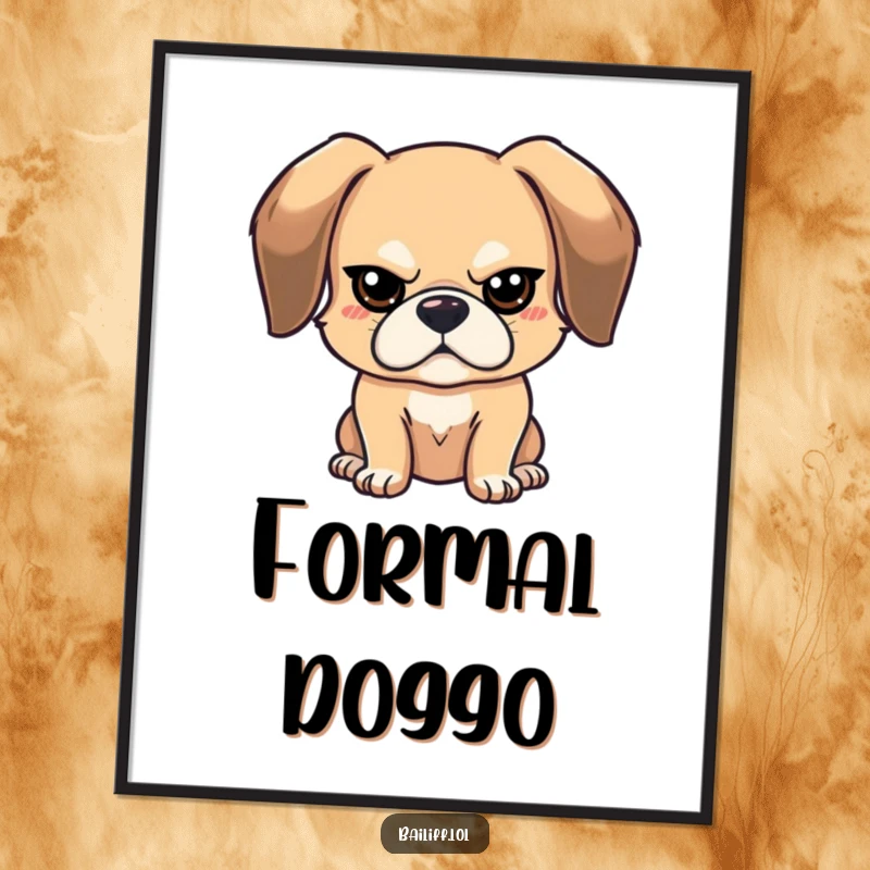 Funny stern dog digital art print of a bouncy, floppy-eared dog with a tiny, stern expression, perfect for instant decor.