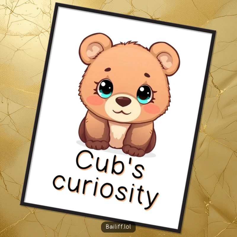 Funny bear cub digital art print of a curious cub with wide, simple eyes observing a tiny scale, perfect for instant decor.