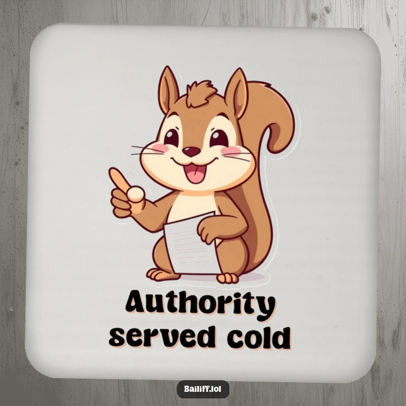 Funny squirrel coaster depicting a cheerful squirrel boss pointing authoritatively at a document, protecting surfaces with style.