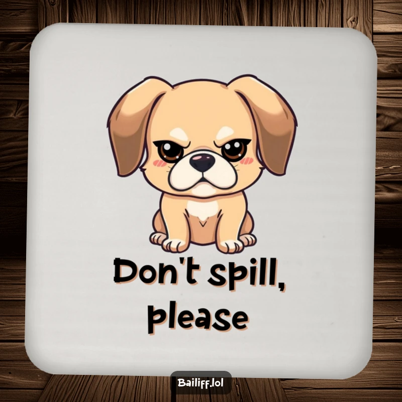 Funny stern dog coaster depicting a bouncy, floppy-eared dog with a tiny, stern expression, protecting surfaces with humor.