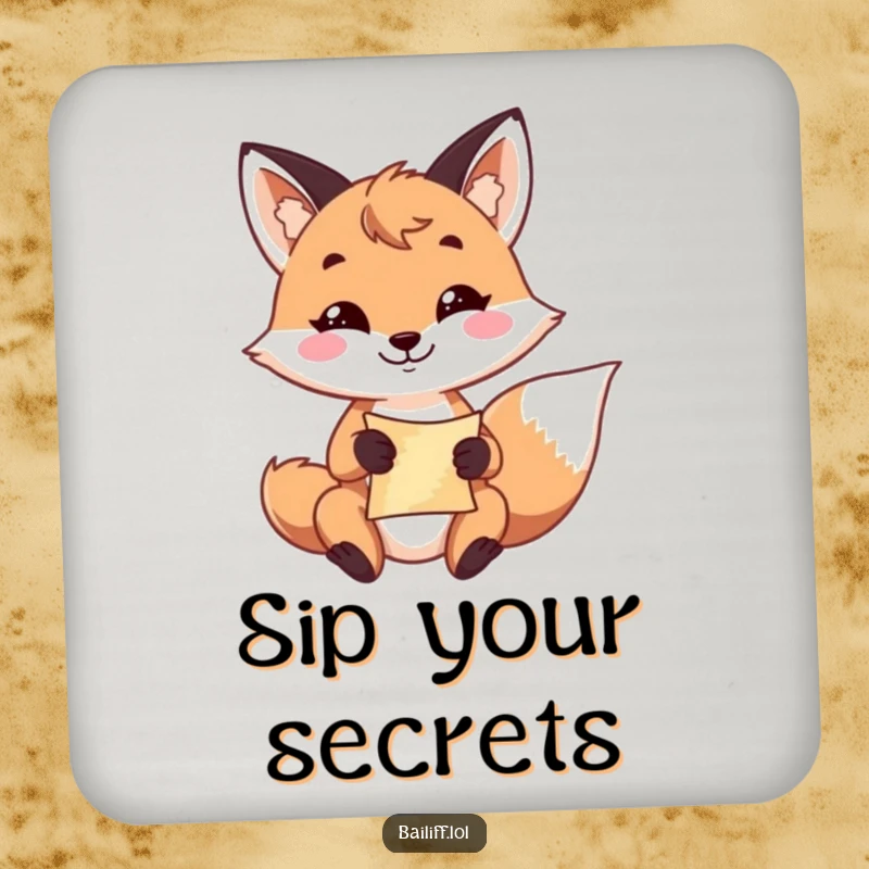 Funny fox coaster depicting a playful fox with a resolute grin, holding a small scroll, protecting surfaces with style.