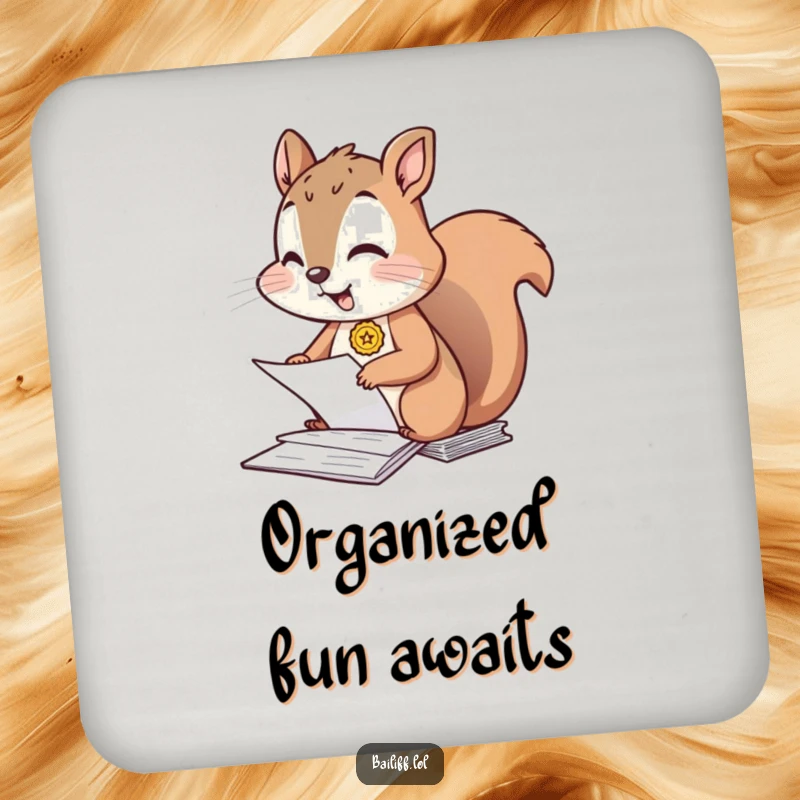 Funny drink coaster featuring a giggling squirrel with a small badge, diligently organizing papers, adding a touch of office humor to any table.