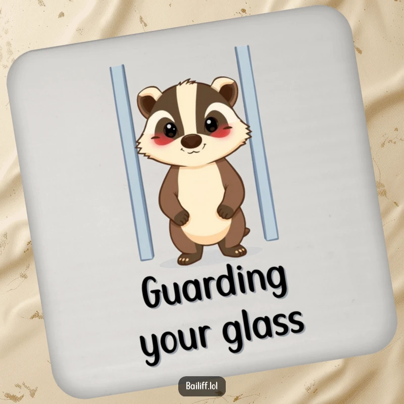 Funny drink coaster featuring a cheerful badger with a stern yet kind face, standing guard by a door, adding loyal charm and humor.