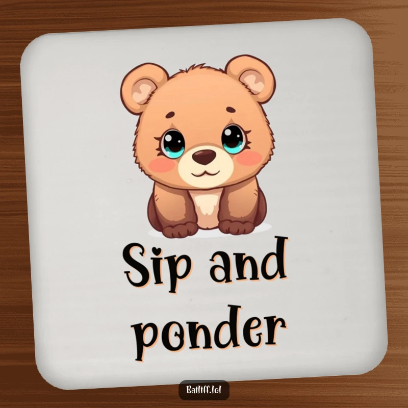 Funny bear cub coaster depicting a curious cub with wide, simple eyes observing a tiny scale, protecting surfaces with charm.
