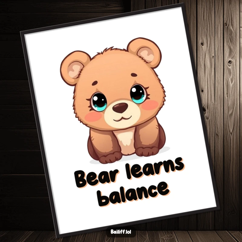 Funny bear cub poster featuring a curious cub with wide, simple eyes observing a tiny scale, adding a touch of wonder.