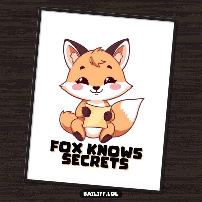 Funny fox poster featuring a playful fox with a resolute grin, holding a small scroll, adding literary charm.