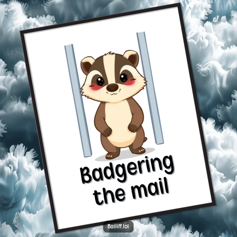 Funny poster featuring a cheerful badger with a stern but kind face, standing guard by a door, a loyal and humorous piece.