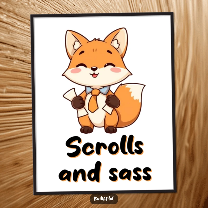 Funny poster featuring a playful fox in a neat tie, securely holding a scroll of documents, a sophisticated and humorous piece.