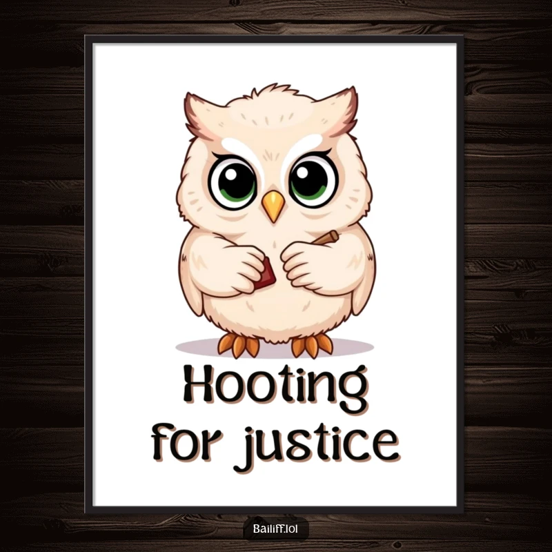 Funny poster showing a fluffy owl with big, round eyes, solemnly tapping a tiny gavel, a piece of art inspiring wisdom and smiles.