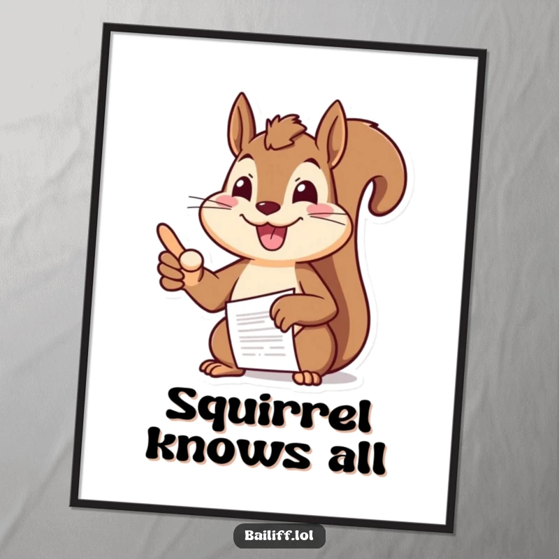 Funny squirrel poster featuring a cheerful squirrel in a suit pointing authoritatively at a document, adding a touch of office humor.