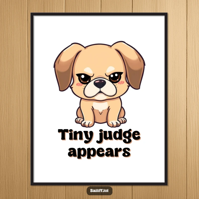 Funny stern dog poster of a bouncy, floppy-eared dog with a tiny, stern expression, adding a touch of humor.