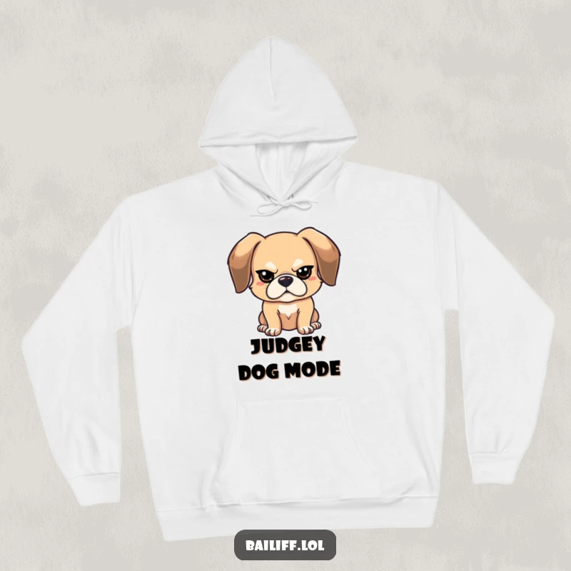 Funny stern dog hoodie showcasing a bouncy, floppy-eared dog with a tiny, stern expression, radiating cozy humor.