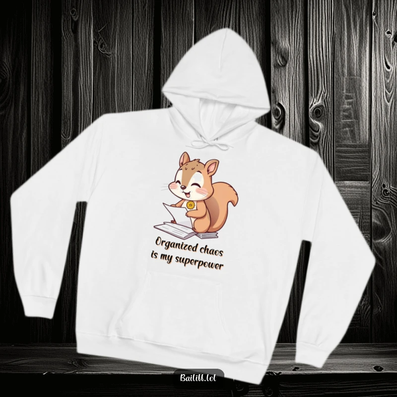 Funny hoodie showcasing a giggling squirrel with a cute badge, diligently organizing an impressive pile of papers with comical intensity.