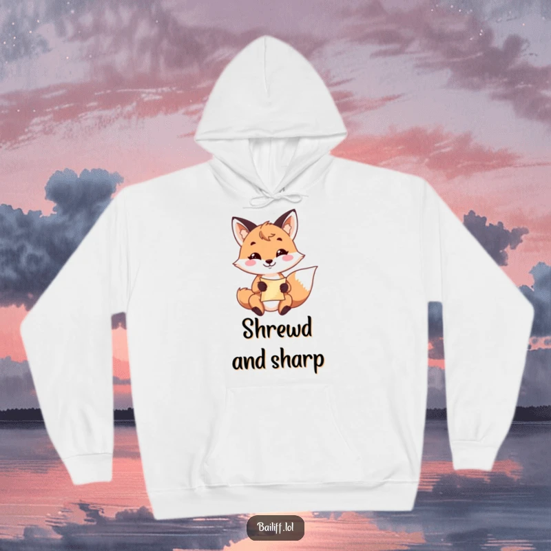 Funny fox hoodie featuring a playful fox with a resolute grin, holding a small scroll, offering cozy cleverness.