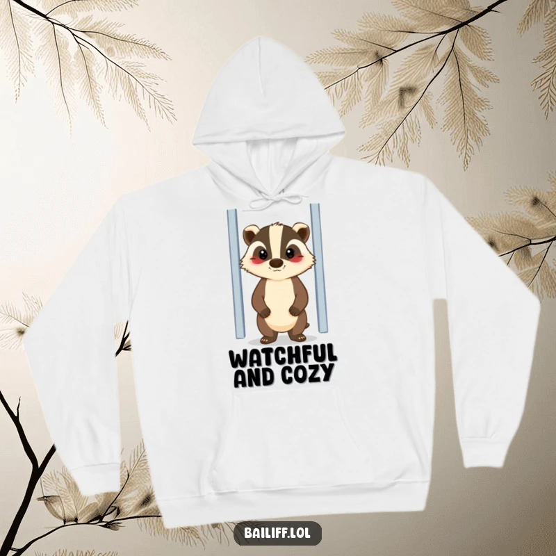 Funny hoodie featuring a cheerful badger with a stern but kind face diligently standing guard by a door, offering warmth and humor.