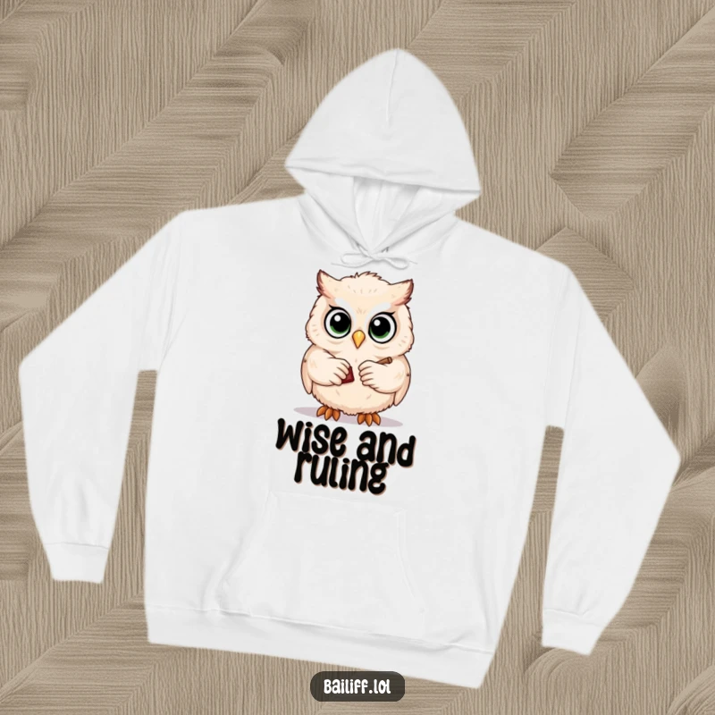 Funny hoodie featuring a fluffy owl with wise eyes, solemnly tapping a tiny gavel, bringing comfort and legal humor.