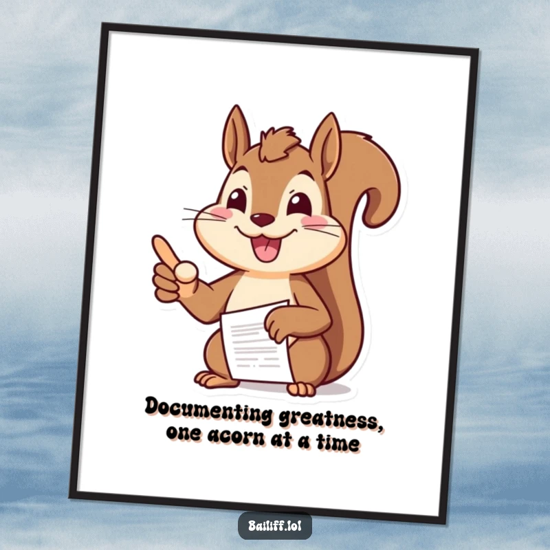 Funny Free Printable Wall Art: A cheerful squirrel with a big smile points bossily at a document, adding humor to any room.