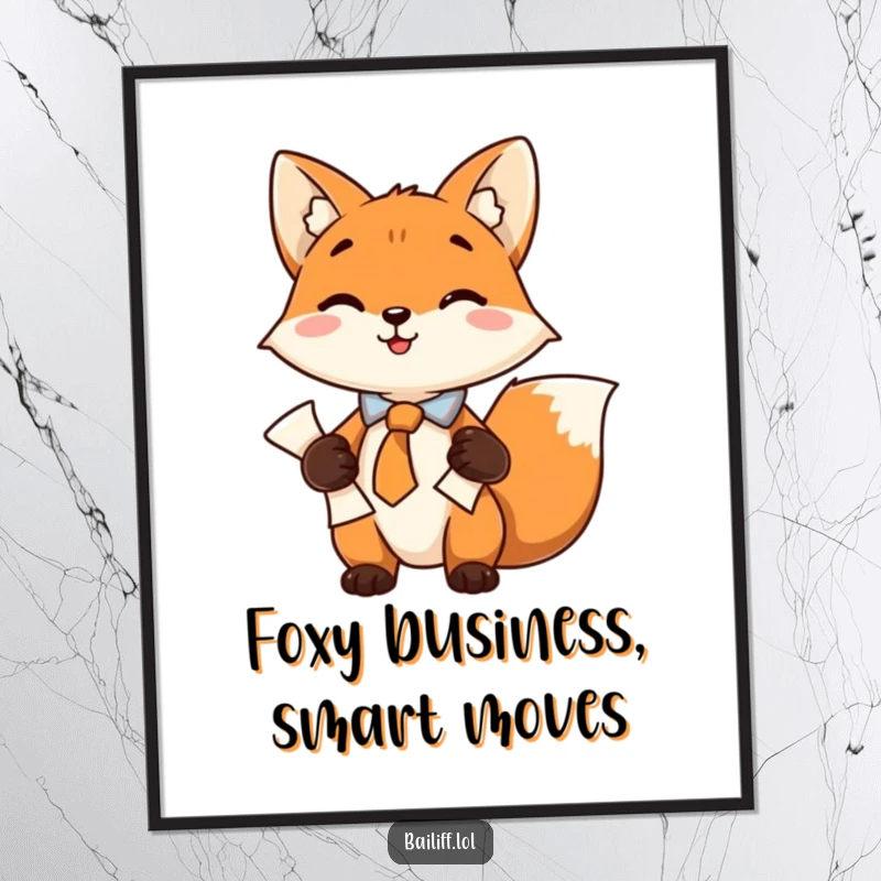 Funny Free Printable Wall Art: A playful fox in a neat tie securely holds a scroll of documents.