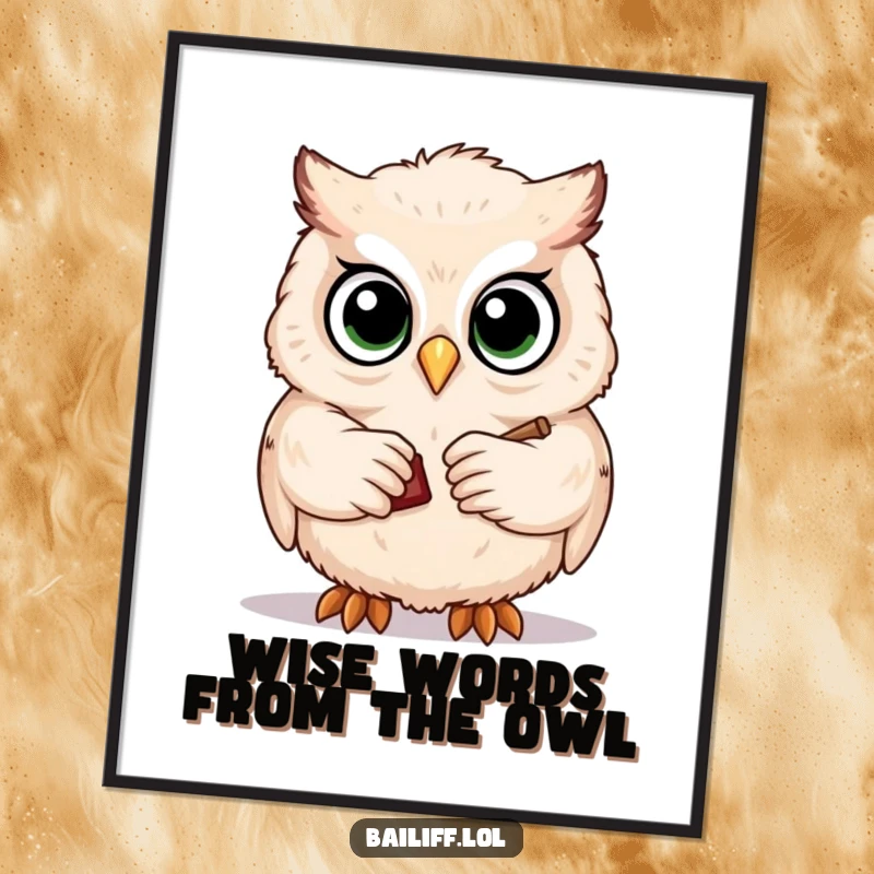 Funny Free Printable Wall Art: A cute owl with big eyes solemnly taps a tiny gavel.