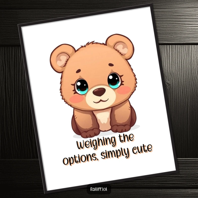 Funny Free Printable Wall Art: A curious bear cub with wide, simple eyes observes a tiny scale, adding charm.