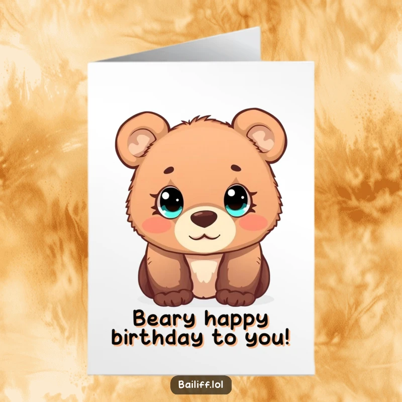 Funny Free Printable Birthday Card: Curious bear cub with wide eyes observes a tiny scale, celebrating a sweet birthday.