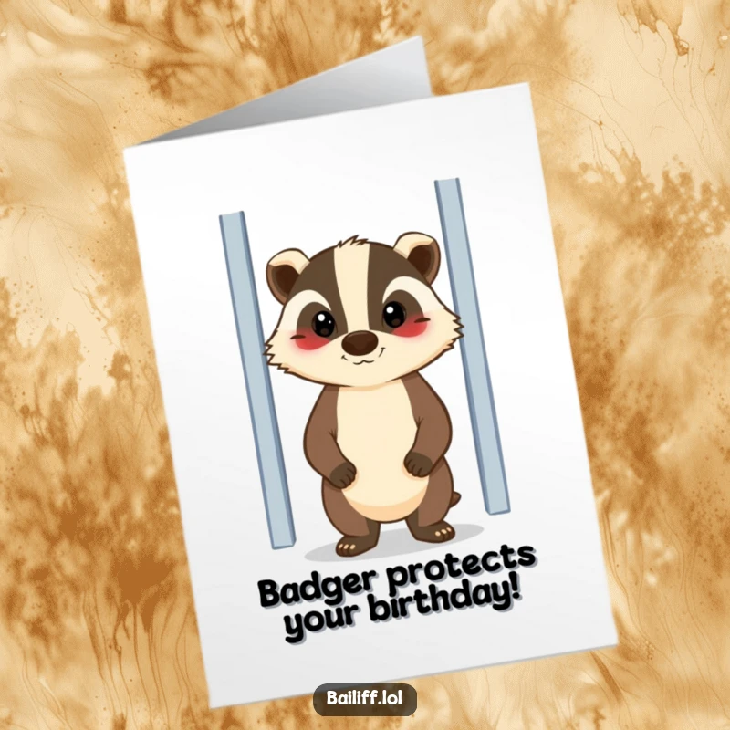 Funny Free Printable Birthday Card: A cheerful badger with a stern but kind face guards a door.