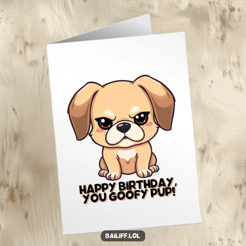Funny Free Printable Birthday Card: Bouncy dog with floppy ears wears a tiny stern expression, ready to deliver birthday wishes.