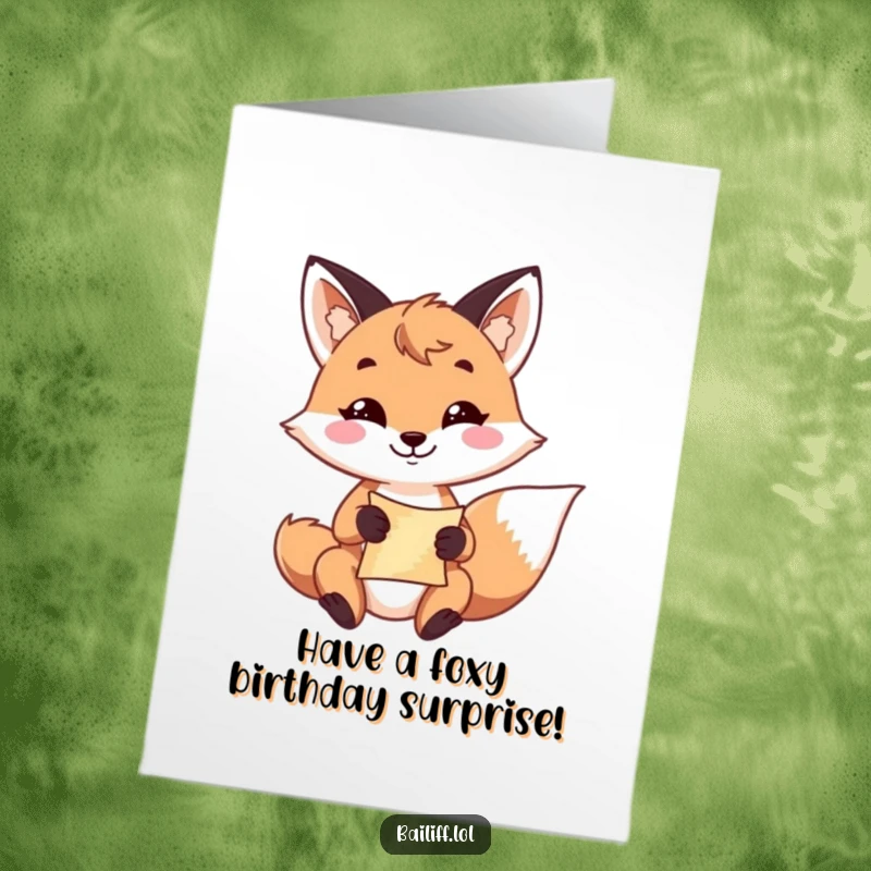 Funny Free Printable Birthday Card: Playful fox with a resolute grin holds a scroll, ready to deliver birthday secrets.